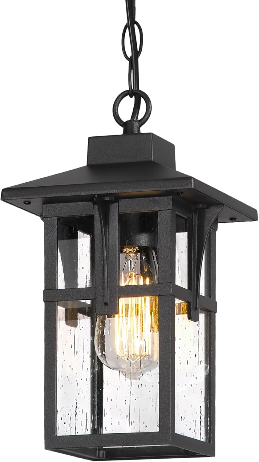 EMLIVIAR Exterior Ceiling Pendant Light for Hallway Porch, Modern Outdoor Hanging Light, Black Finish with Seeded Glass, AUX05H BK image number 4