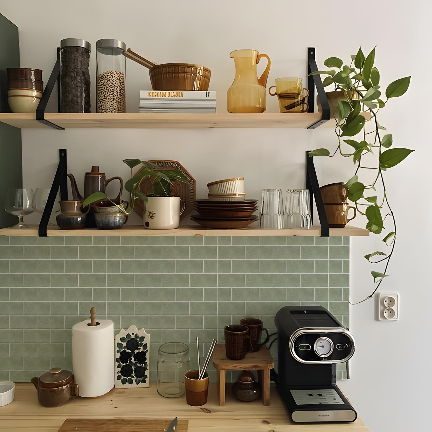 Alwayspon Tile Sticker, Sage Green Brick Self Adhesive Stick on Tiles Transfer Sticker for Bathroom Kitchen, Splashback, Peel and Stick Vinyl Floor Wall Tiles Sticker, 10Pcsx20Cm/8Inch