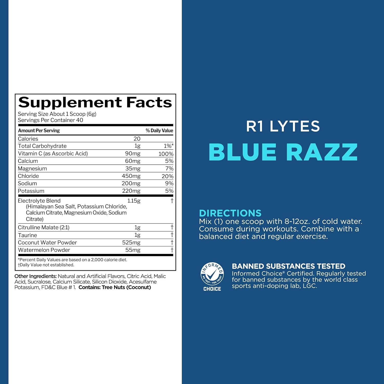 Rule1 R1 Lytes Premium Hydration Support Supplement 240 G, Blue Raspberry (40 Servings) image number 3
