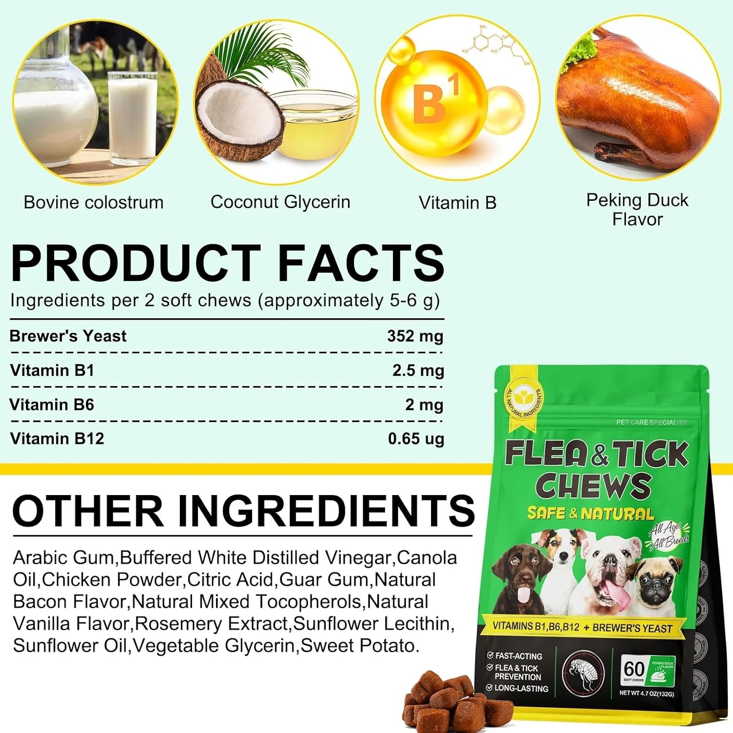 Natural Flea & Tick Prevention Chews for Dogs - Peking Duck Flavour Soft Chews with Vitamins B1, B6, B12 - Vet-Approved Deworming Supplement for All Breeds & Ages - 60 Chewable Tablets image number 3
