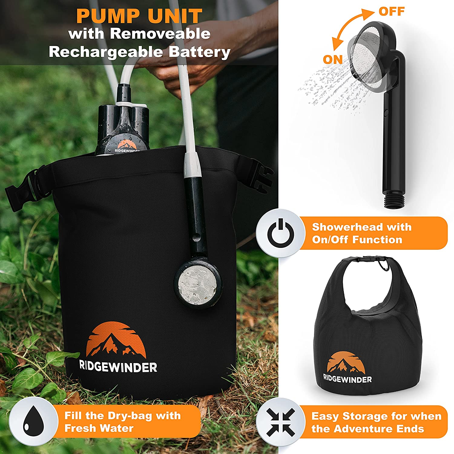 Ridgewinder Portable Shower for Camping with Dry Bag - Camp Shower with Rechargeable Battery and Included 10L Dry Bag for Water Storage. Complete Camping Shower in a Bag (+Sprayer Attachment). image number 4