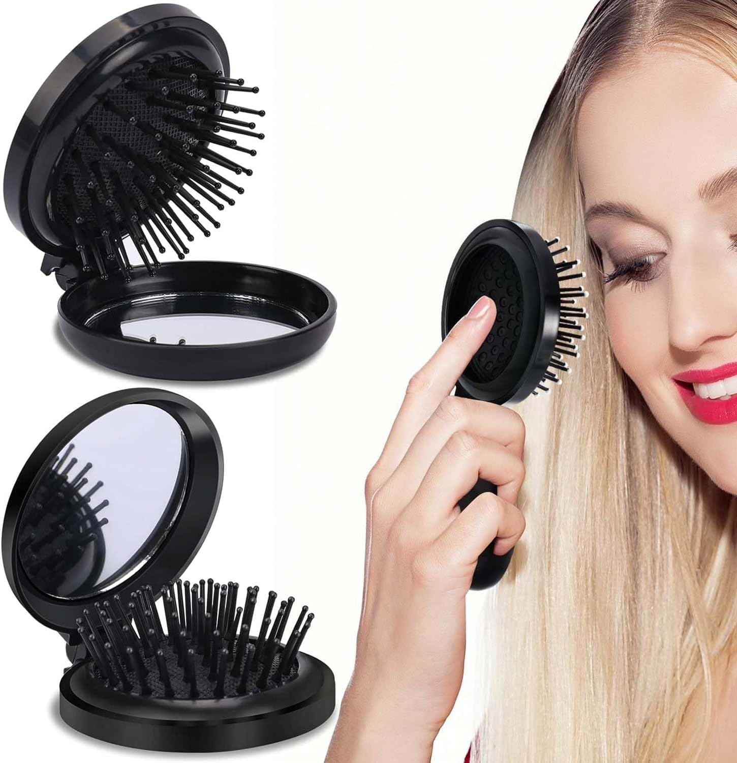 Foldable Hair Brushes with Mirror, Mini round Foldable Hair Brush, Travel Brush, Small Hair Brush, Compact Travel Size Hair Massage Comb for Men, Women and Girls, Pack of 2 image number 2