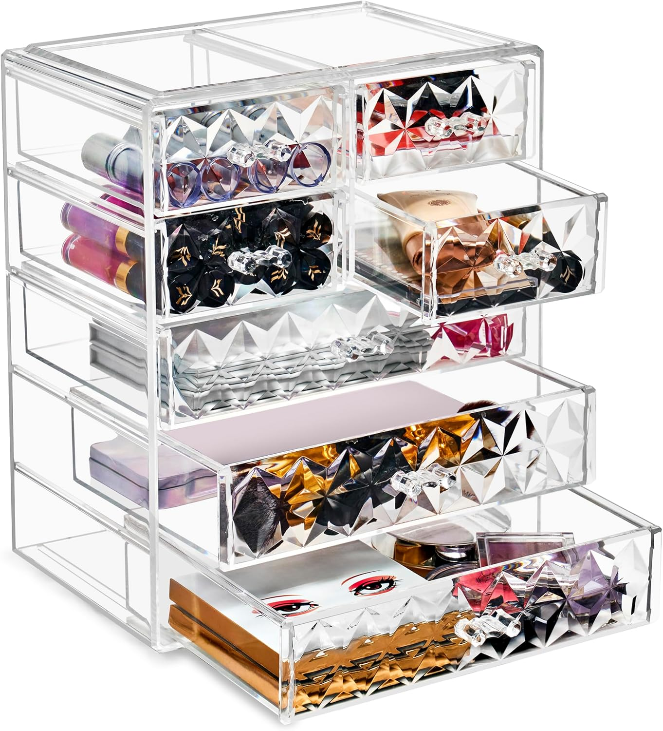 Sorbus Acrylic Clear Makeup Organizer - Big & Spacious Cosmetic Display Case - Stylish Designed Jewelry & Make up Organizers and Storage for Vanity, Bathroom (3 Large, 4 Small Drawers) [Diamond]