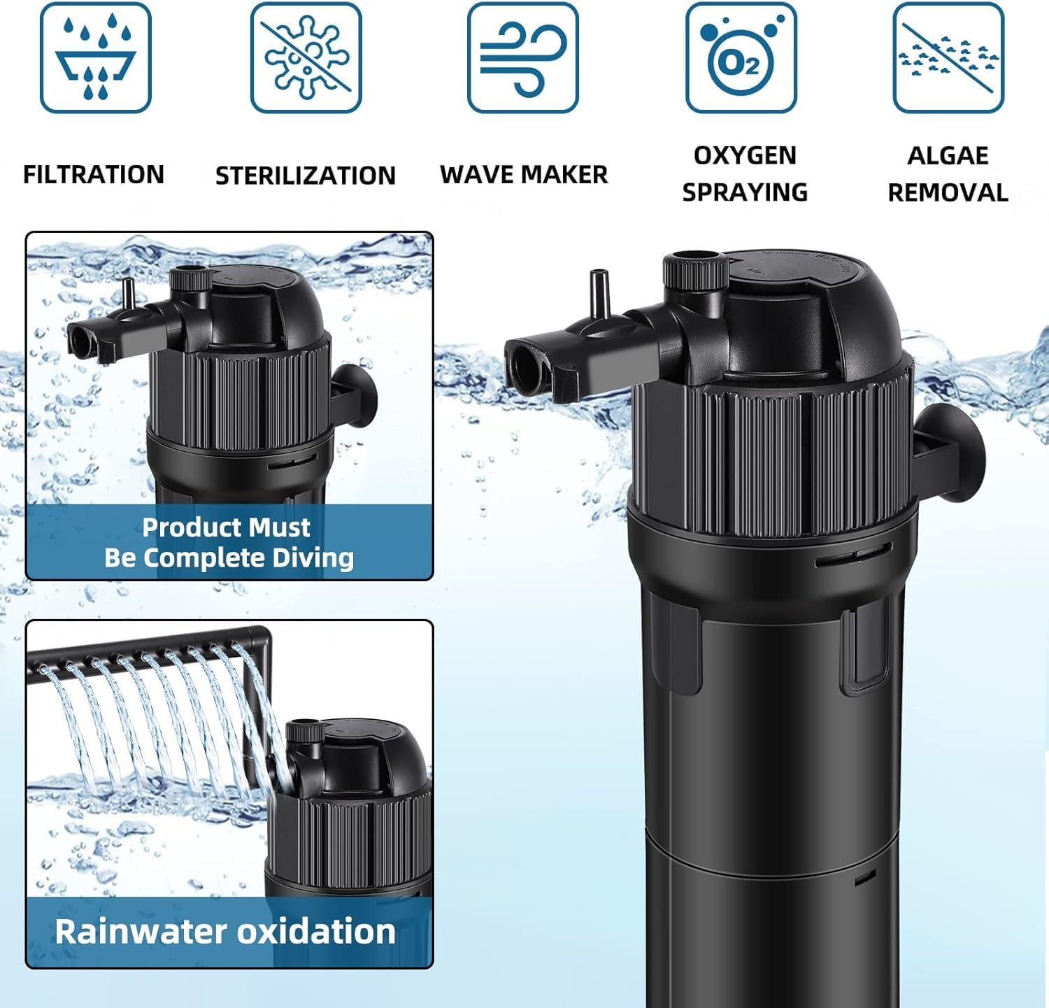 Aquarium Filter 5 in 1 Fish Tank Filter, 210 GPH Green Water Cleaning Filter Pump with Timer, Dual Mode (Aeration/Rainfall) for 40-200 Gallon Aquariums (10W U-V+8W Pump) image number 4