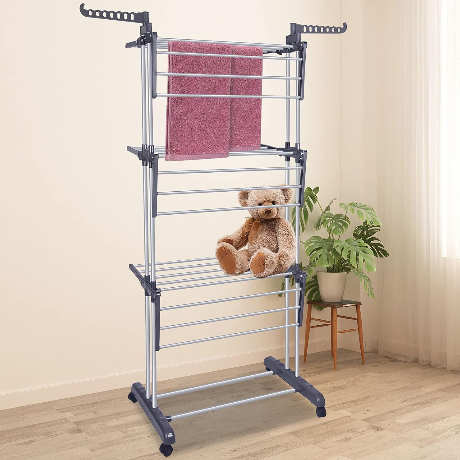 Bigzzia Clothes Drying Rack Folding Clothes Rail 3 Tier Clothes Horses Rack Stainless Steel Laundry Garment Dryer Stand with Two Side Wings Grey image number 2