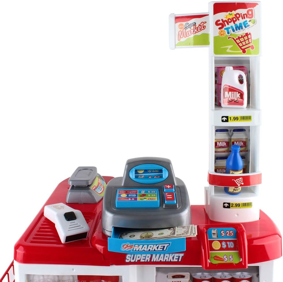 Keezi Kids Pretend Play Set, 24Pcs Supermarket Playset Shopping Trolley Cash Register Toy Battery for Friends Family with Lighting and Sound Features, Children Cubby House Toys Outdoor Plays Red White image number 5