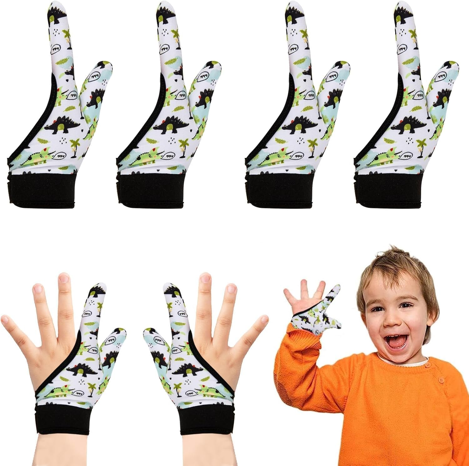 Kuskins 4 Pcs Thumb Sucking Guard Gloves for Kids Ages 5-13, Breathable Sensory Gloves to Stop Thumb Sucking & Nail Biting, Soft Cotton anti Suck Guard with Chewy Compression (Dinosaur 01) image number 2