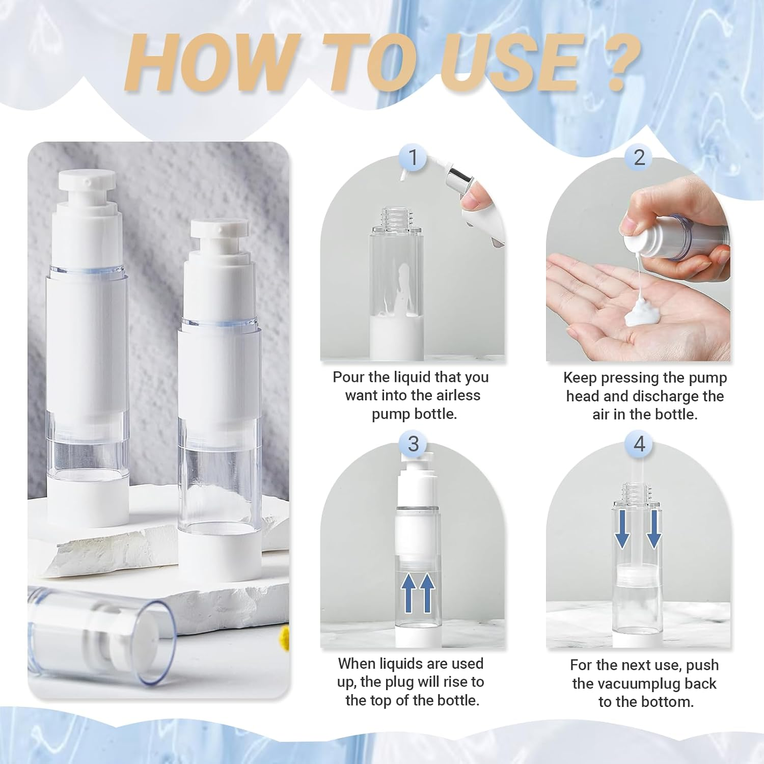 JOWILIN Clear Airless Cosmetic Pump Bottle, 2 Pcs 3.4Oz/100Ml and 2 Pcs 1.7Oz/50Ml Refillable Dispenser Container, Travel Size Empty Lotion Bottle for Perfume, Foundation, Shampoo, Liquid Etc (4 Pcs)