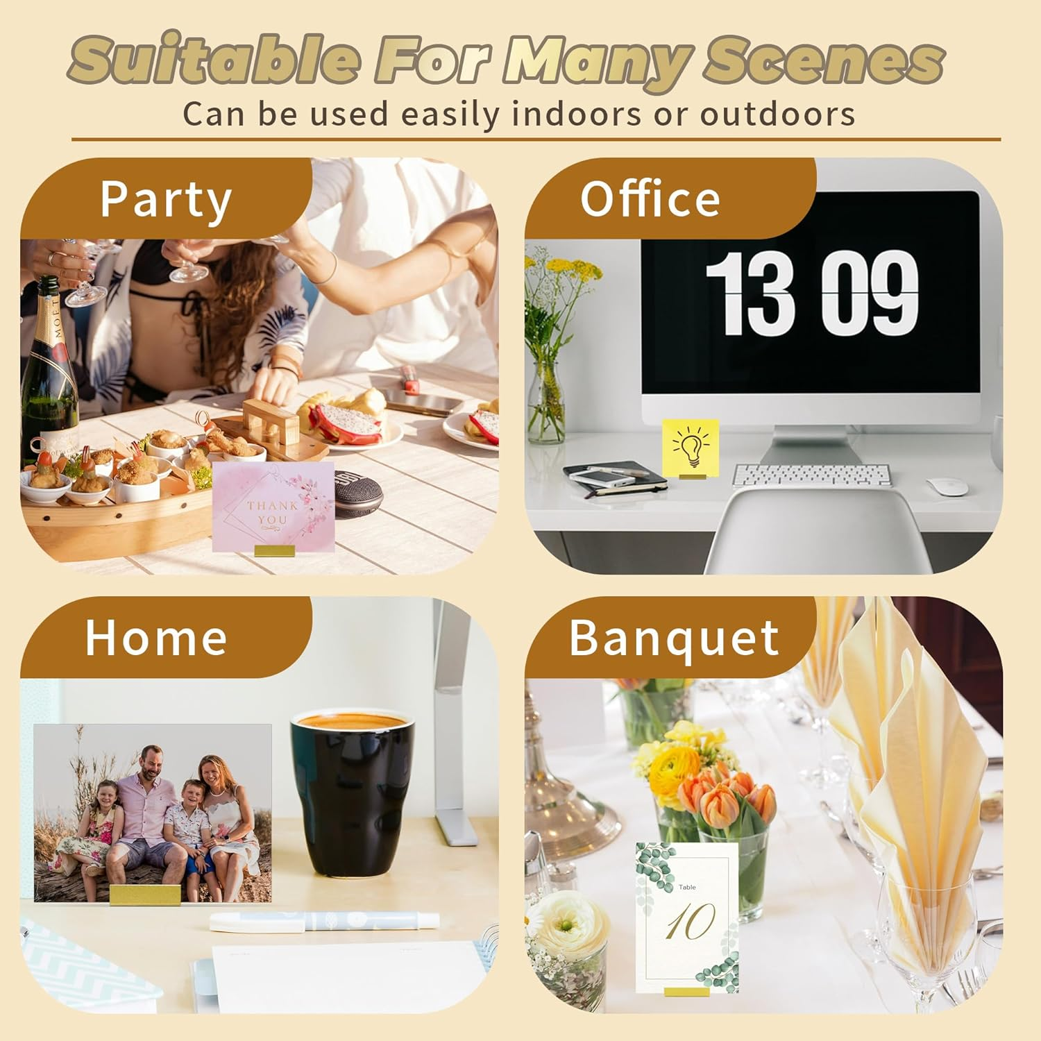 ORNAROVI 12 PCS Gold Table Card Holders, Metal Table Number Stands, L-Shaped Placecard Holders for Table Price Tags Food Signs, Vintage Number Holder for Wedding Reception (Gold) image number 6