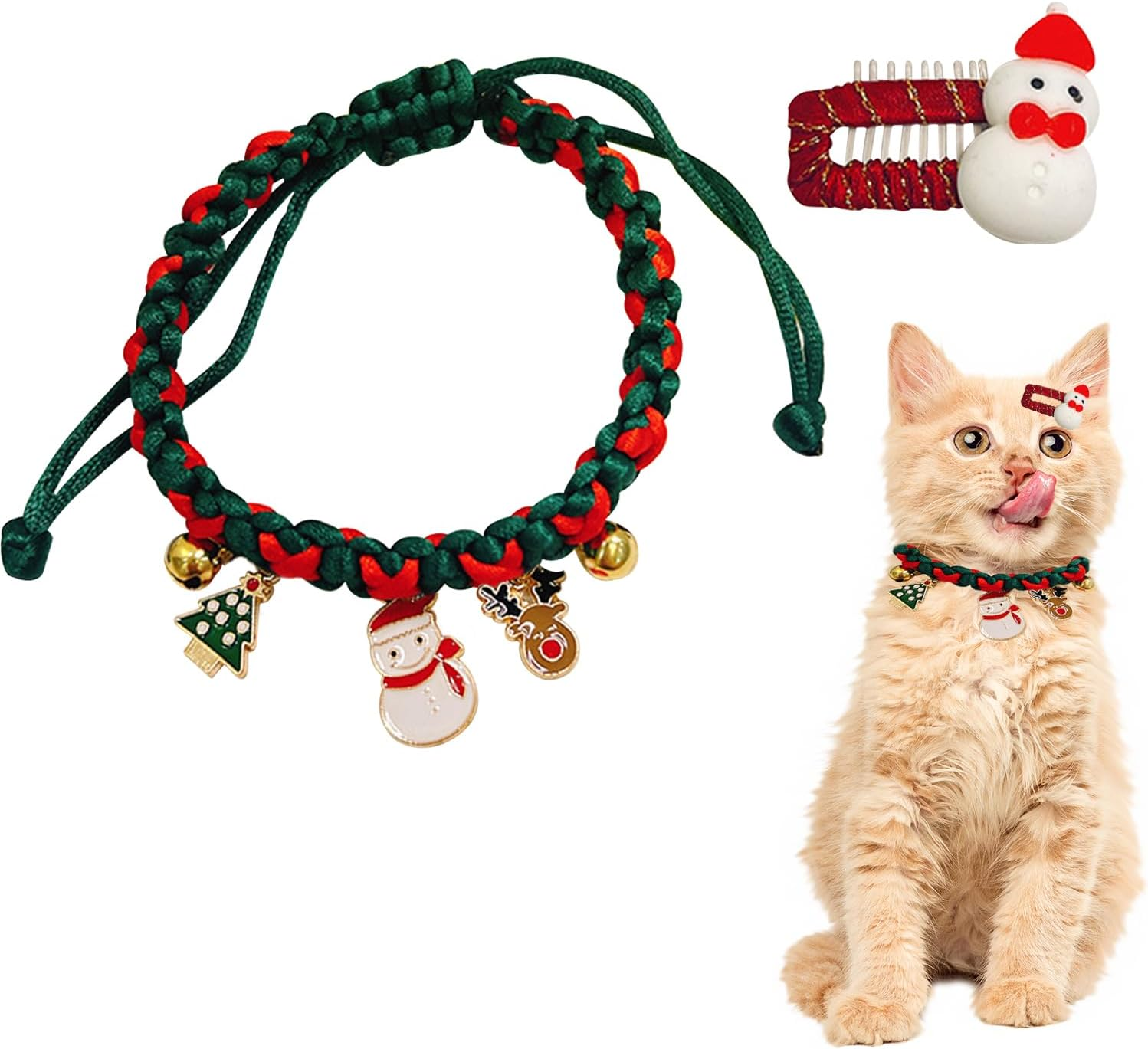 Christmas Adjustable Cat Collar,Christmas Handmade Woven Dog Cat Collar with Bell,Christmas Pet Collar and Hair Clip Ornaments for Small,Medium Cat Dog Christmas Party Accessories (B) image number 4