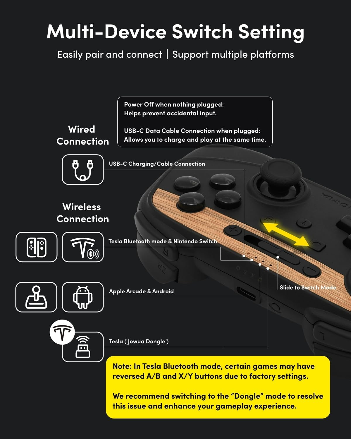 Jowua Multi-Device Wireless Controller Compatible for Tesla 2025 New Model Y Model 3/Y/S/X/Cybertruck Compatible for Switch, One Controller Set, SPECIAL PROGRAMMED and DESIGN for TESLA WOOD image number 4