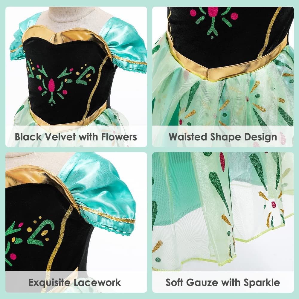 AUTOWT Anna Princess Costume for Girls, Adorable Fancy Dress Up, Pretty Skirts with Brilliant Sparkle Hemline, Attractive off Shoulder Princess Skirt for Little Girls Birthday Party Cosplay Show