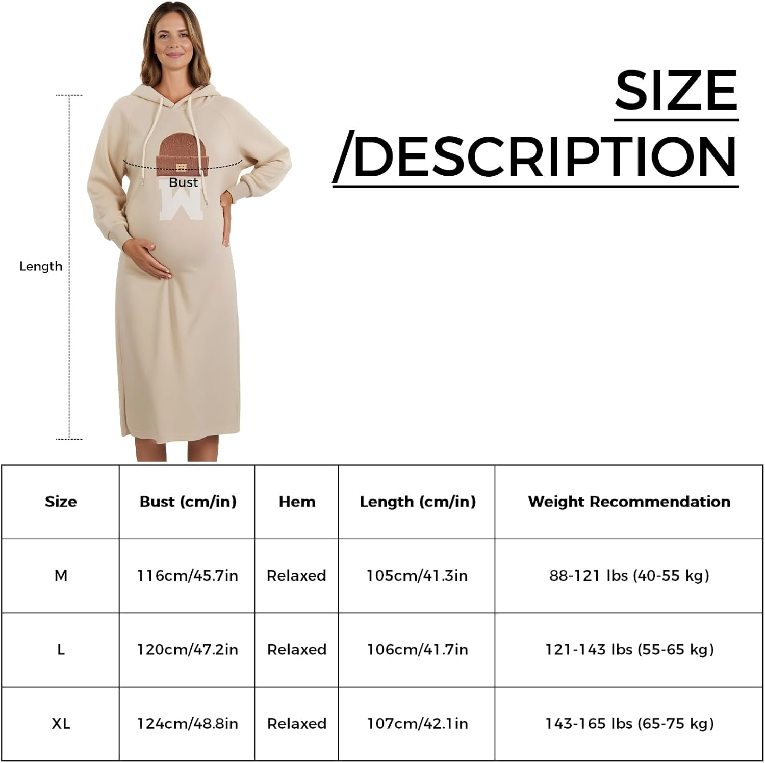 Maternity Hoodie Dress with Pockets &ndash; Casual Loose Fit Mid-Length Sweatshirt Dress for Pregnancy Spring Fall image number 2