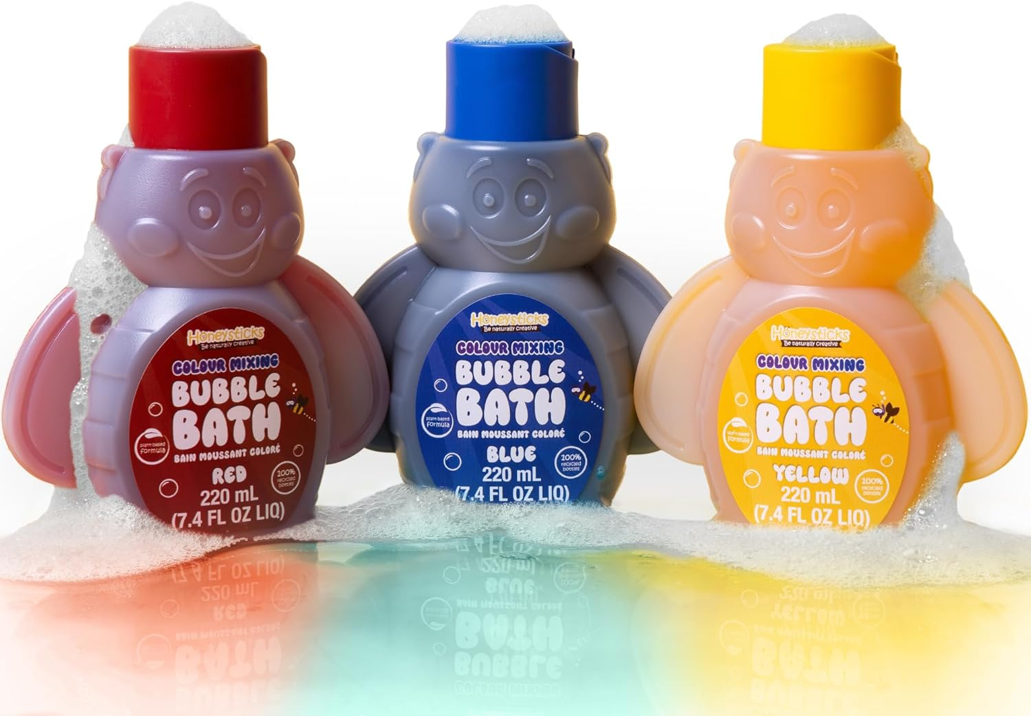 Honeysticks Kids Bubble Bath 3 Pk (Blue, Red, Yellow) - Changes Water Colour, Mix for More Colours - Super Foaming Bath Bubbles, Plant Based, Non Irritating, Safe for Toddlers 1-3, Kids 4-8, Bath Toys image number 6