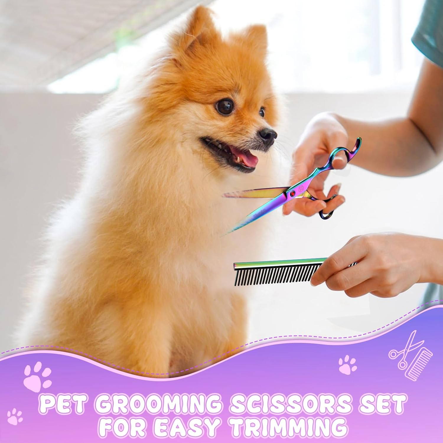 Moontay Professional 7.0" Pet Grooming Scissors Set, 4-Pieces 440C Japanese Steel Straight & Curved & Thinning & Chunker Shears/Scissors with 1 Grooming Comb for Dog Cat and More Pets, Multicolour image number 6
