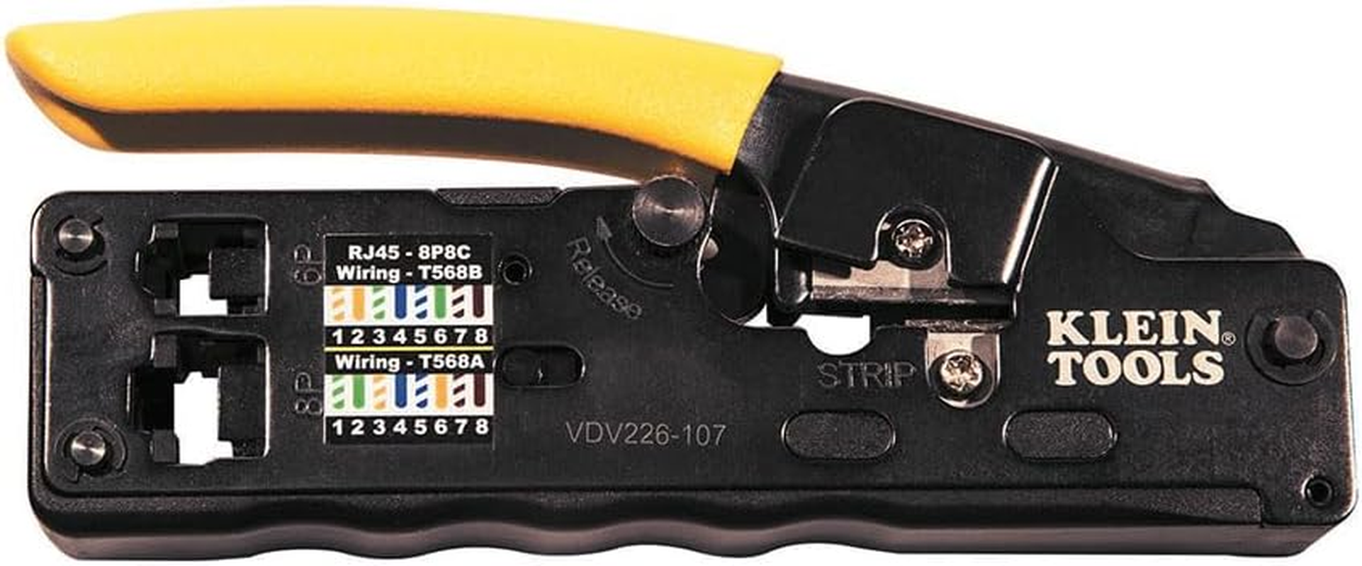 Klein Tools VDV226-107 Compact Ratcheting Modular Data Cable Crimper / Wire Stripper / Wire Cutter, CAT6, CAT5, CAT3, Flat-Satin Voice Cable image number 1