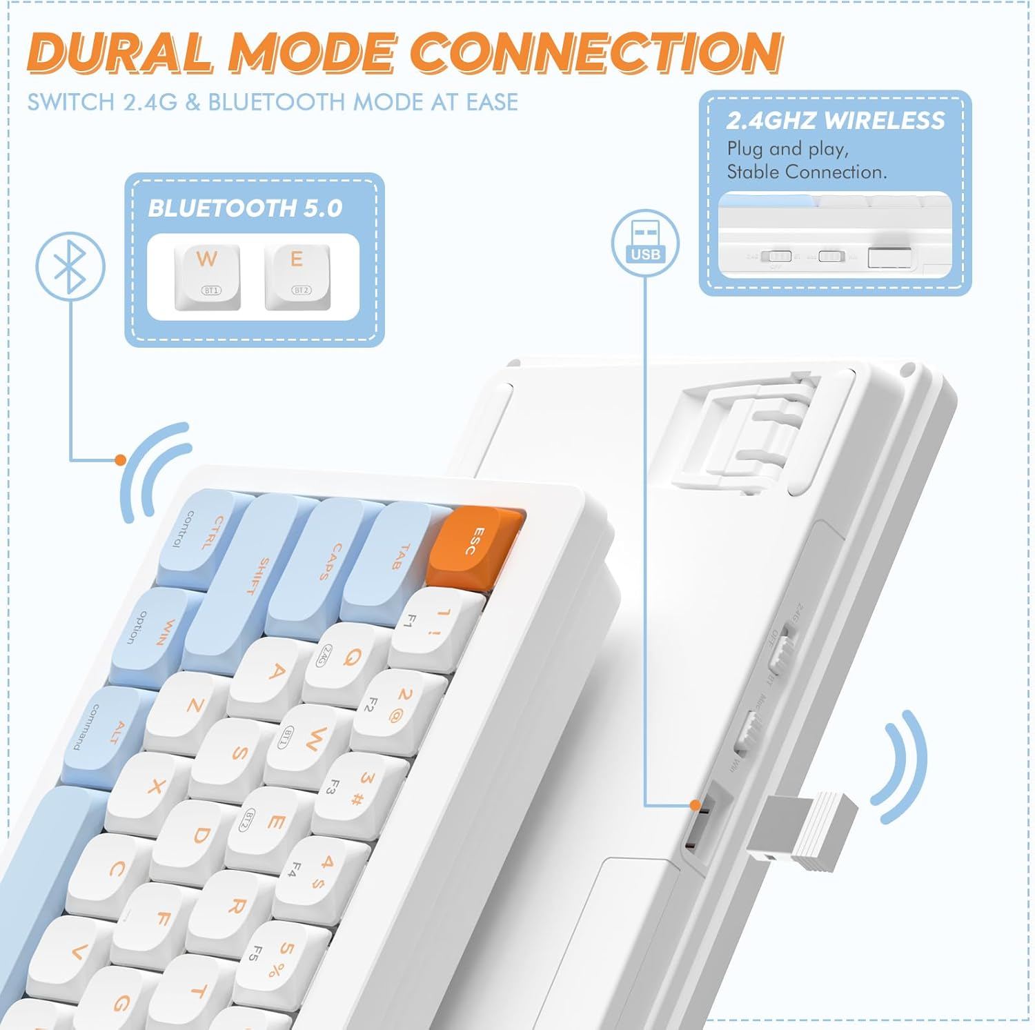 AJAZZ AKL680 Mechanical Keyboard, 68% Low Profile Wireless Keyboard, Ultra-Thin Color Matching Gaming Keyboard, Dual Mode BT5.0 and 2.4G, Anti-Ghosting for PC Laptop Mac