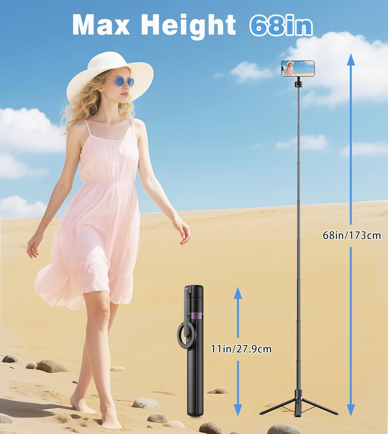 TONEOF 68" Selfie Stick Tripod with Aluminum Strong Magnetic Holder Fit for Magsafe, 360&deg; Rotatable Travel Phone Tripod Stand with Rechargeable Remote Compatible for Iphone/Android（Black） image number 1