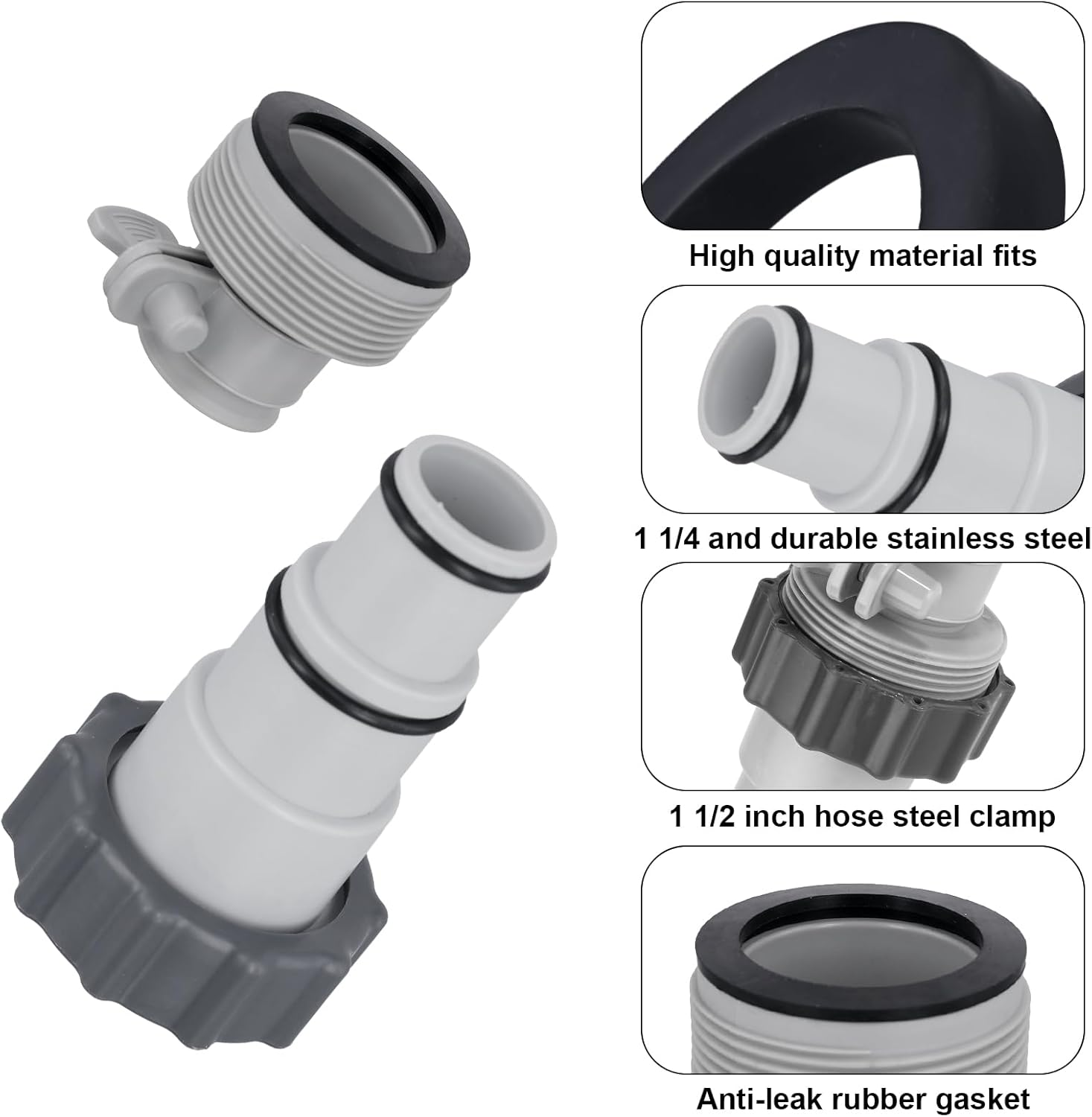 NQEUEPN 4Pcs Pool Hose Adapter Kit, Pool Swimming Pool Accessories for 2 3/8Inch External Thread 1 1/4 or 1 1/2 Inch Hose Stainless Steel Replacement Parts Fits for Intex Filter Pumps image number 1