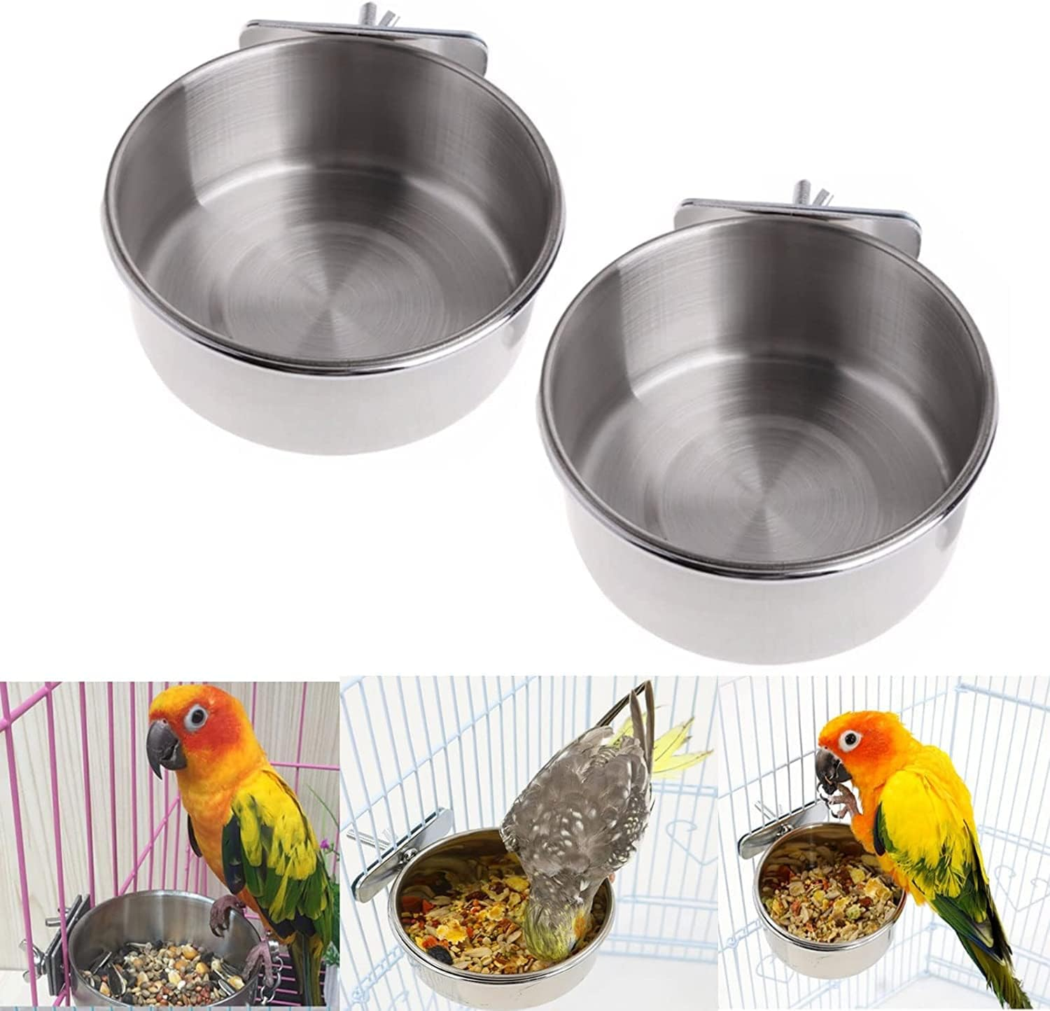 2 Pieces Stainless Steel Bird Bowl Food Bowl Feeding Cup Hanging Cage Feeder for Seeds for Bird Parrots (10 Cm) image number 4