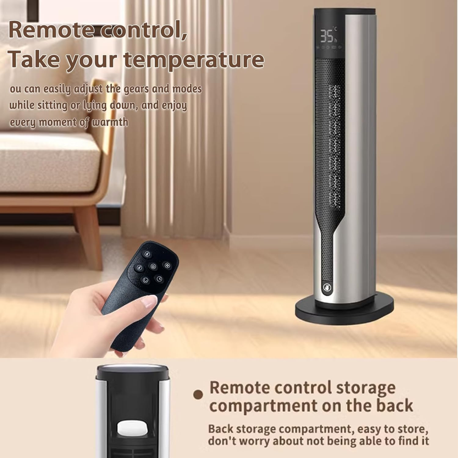 23.6"Tower Space Heater with Adjustable Thermostat,Remote Control & 12H Timer, Tip-Over Switch & Overheating Protection, 1900W, 3 Mode, 12H Timer,Ptc Ceramic Rapid Heat for Office Home (AU Plug) image number 5