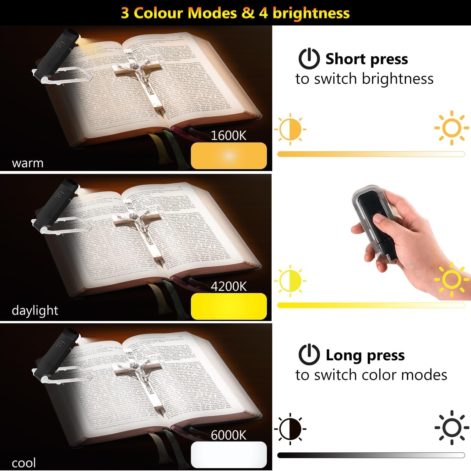 Reelau Book Light USB Rechargeable, Eye Protection Little Reading Light 3 Colours 4 Brightness, Sturdy Clip, Swivel Head for Angle, Long-Lasting Battery, Compact Size, Lightweight Portable Book Light image number 5