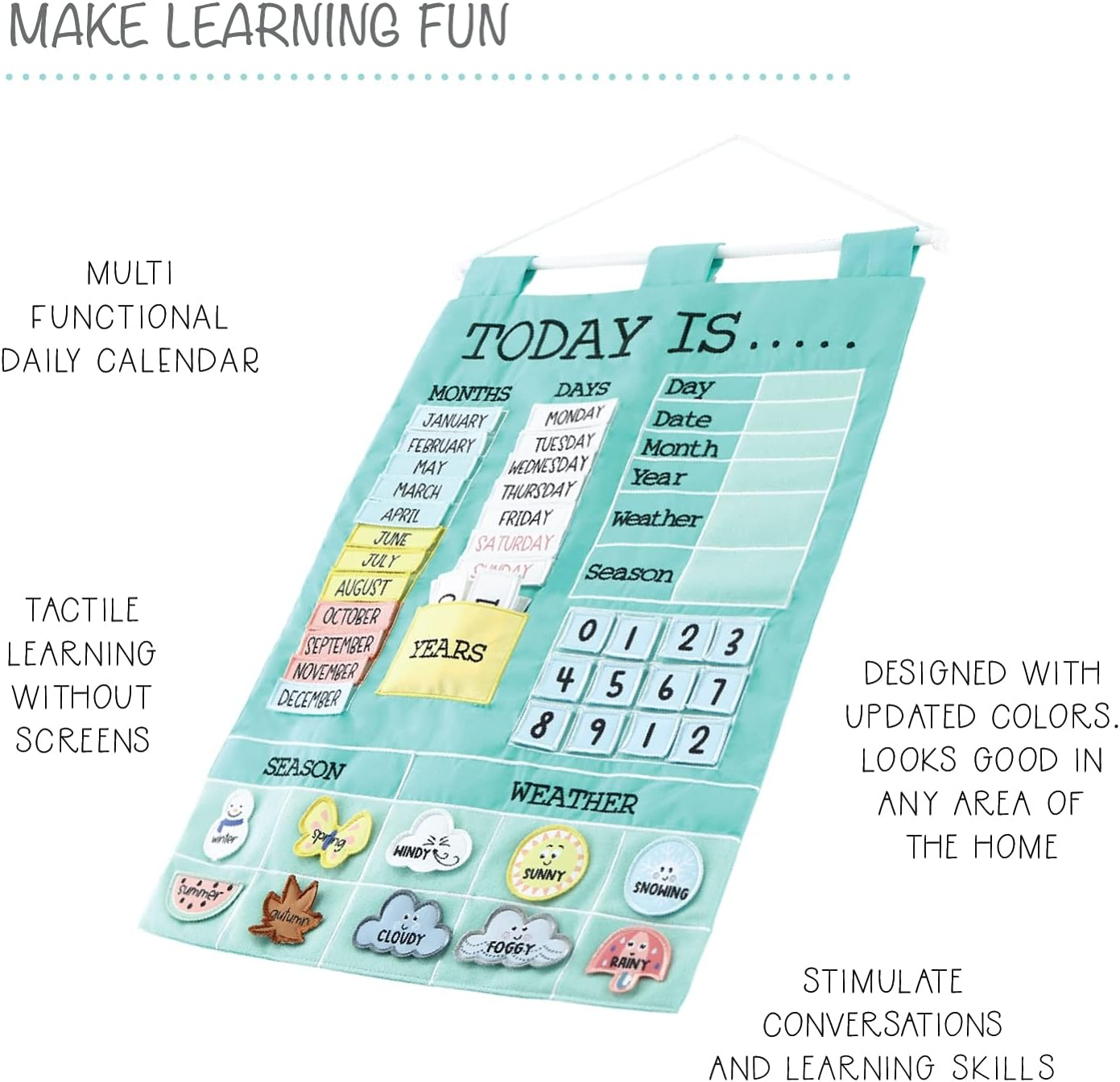 The Peanutshell Preschool Educational Wall Calendar - 53 Fabric Pieces for Months, Days, Years, Weather, & Seasons image number 4