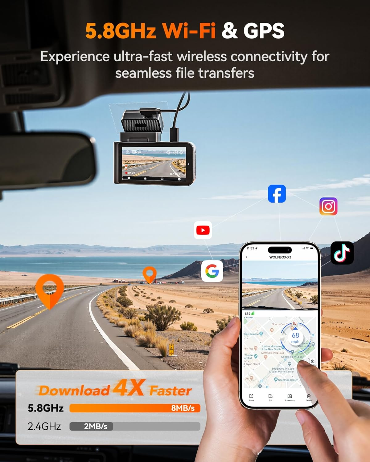 WOLFBOX X3 2.5K 1440P 60FPS Dash Cam, STARVIS 2 IMX675 with ADAS, 1440P+1080P Dual Dash Cam Front and Rear Camera with Built-In 5.8Ghz Wifi & GPS, 64GB Card, Touch Screen, G-Sensor, Loop Recording image number 4