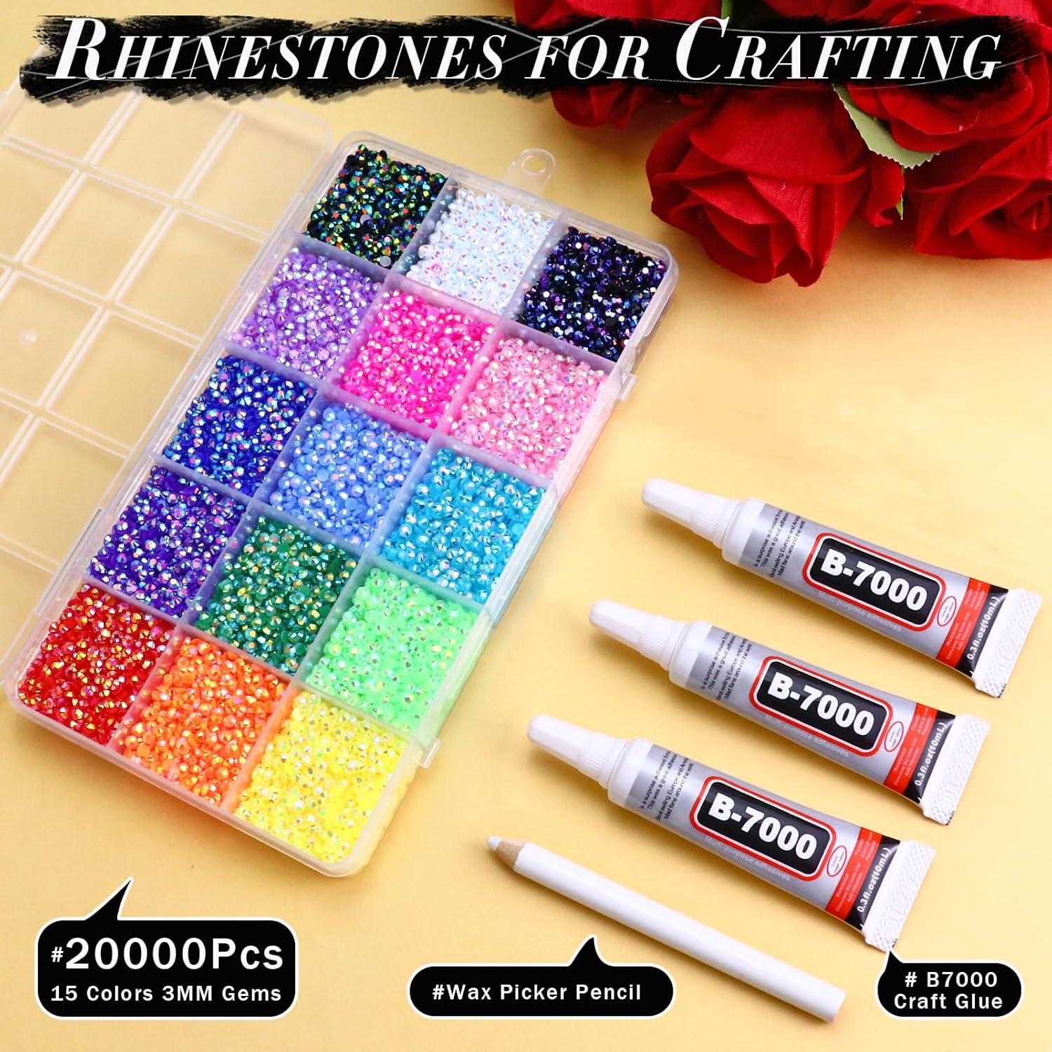20000PCS 3MM Resin Jelly Rhinestones for Crafts Nails, 15 Colors SS12 Flatback Rhinestone Gems for Tumblers Mugs Graduation Cap Makeup, Bedazzling Kit with B7000 Glue image number 1