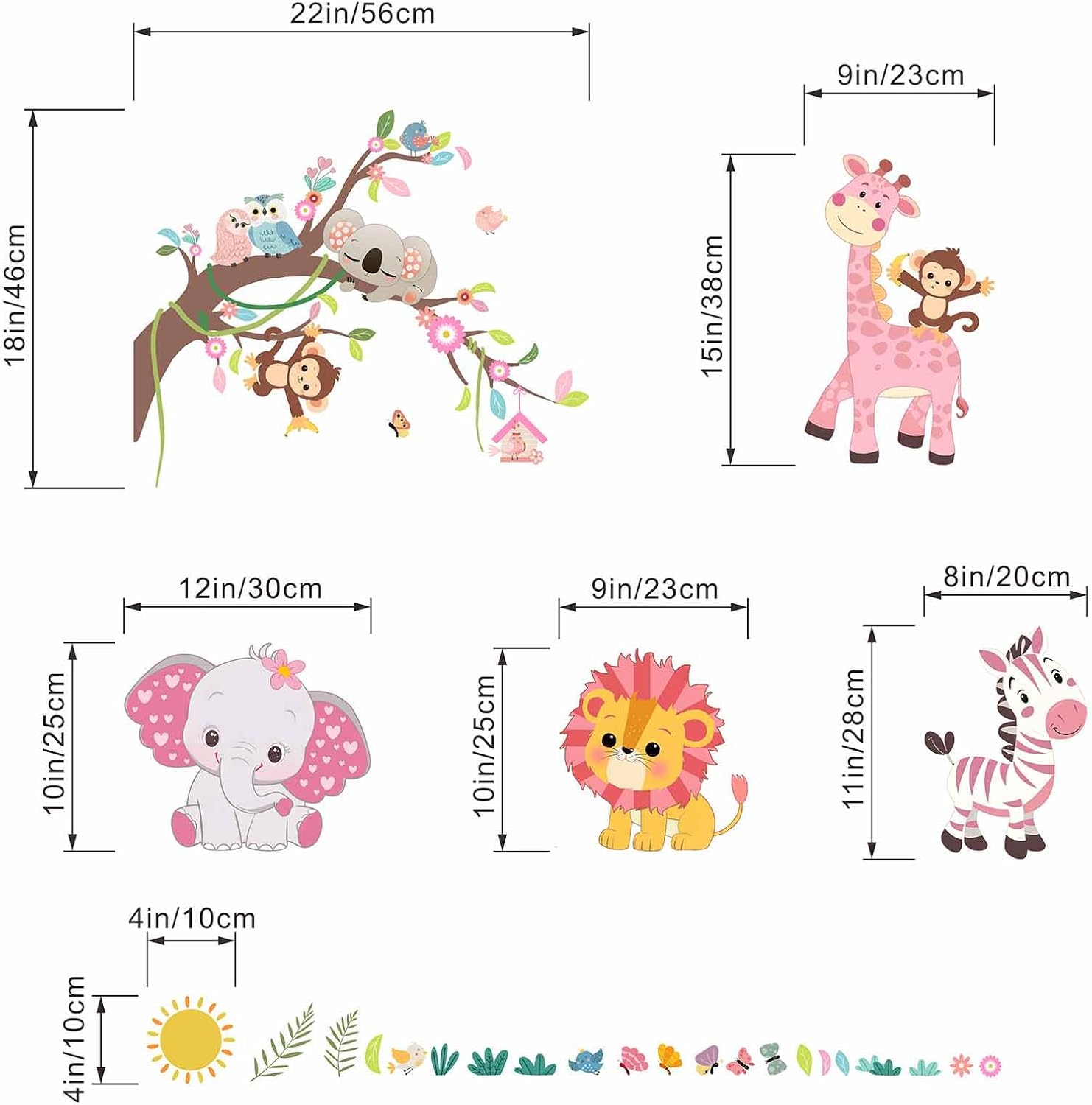 Amimagen Pink Forest Baby Animals Wall Decals - Elephant Lion Giraffe Monkey Zebra Wall Stickers - Nursery Kids Girls Boys Room Daycare Playroom Classroom Wall Decor image number 4