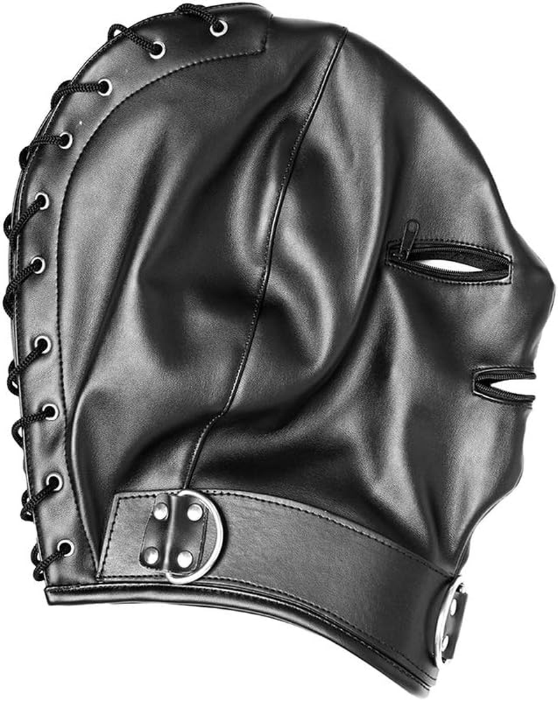 Romi Leather Bondage Mask Black Restraint Head Hood Sex SM Toys Adjustable Headgear with Zipper Unisex Adults Couples image number 6