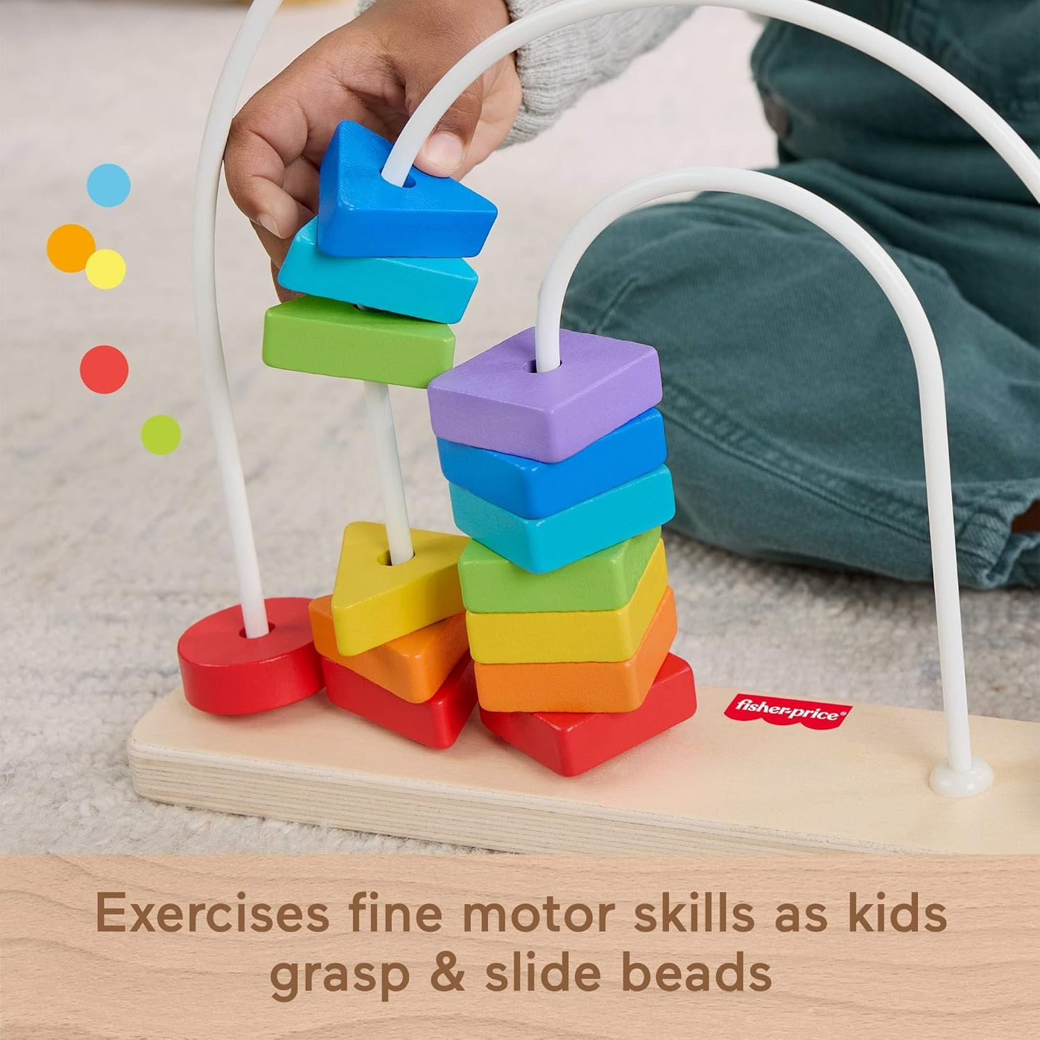 Fisher-Price Wood Baby Toy Rainbow Bead Bar Maze, Educational Activity for Fine Motor Skill Development for Toddlers Ages 1+ Years