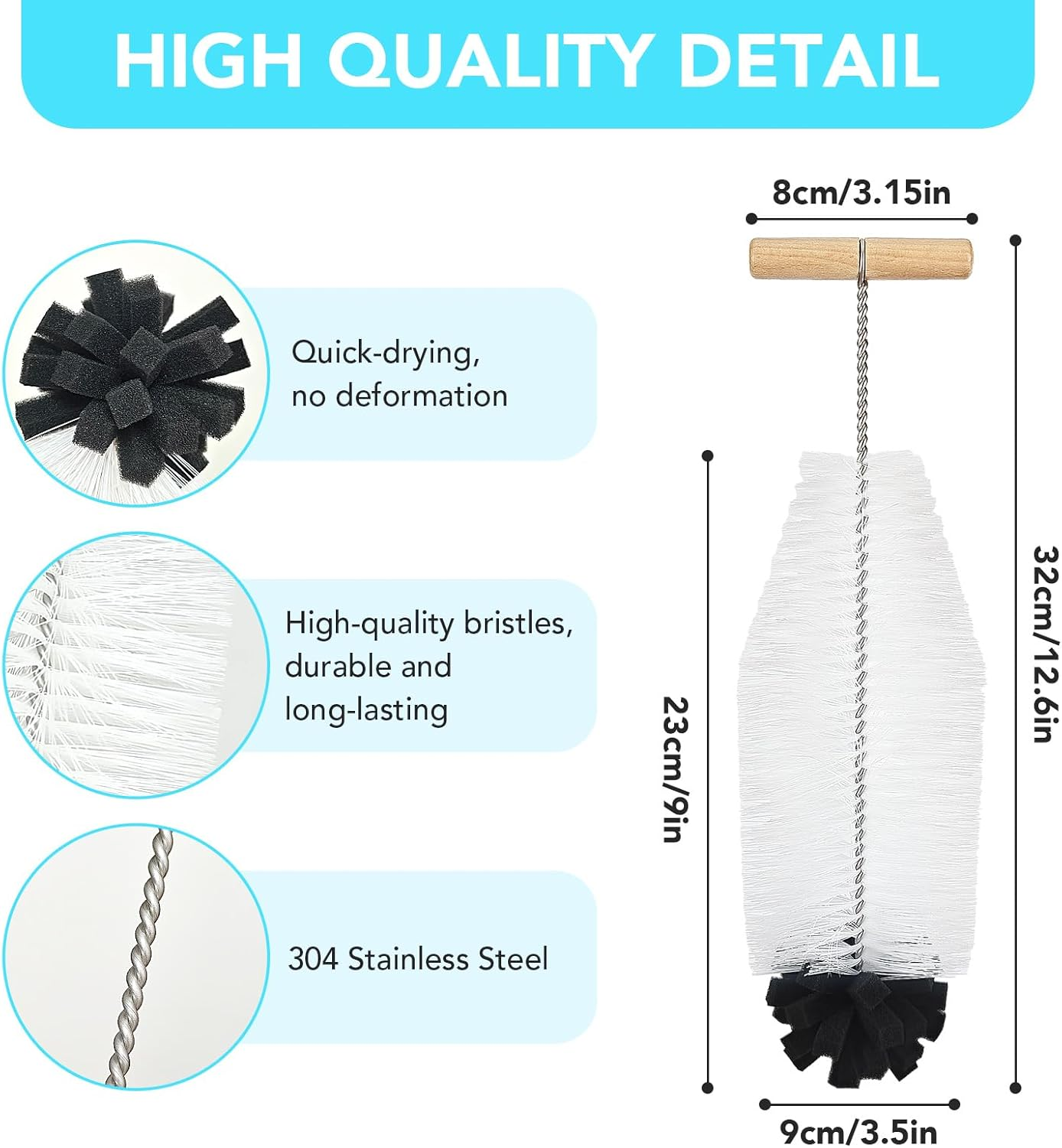 32 Cm Bottle Brush for Sodastream - Pack of 2 with Ergonomic Handle, White Bristles & Black Sponge - Ideal for Glass and Duo Plastic Bottles - Powerful Cleaning without Scratches image number 3