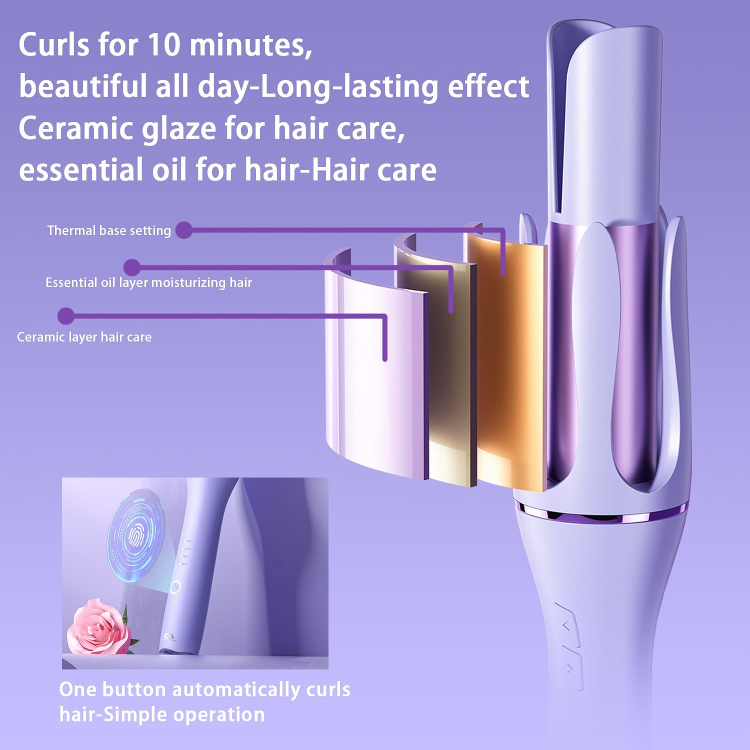 ZEOEZHBI Automatic Curling Iron, Auto Hair Curler Rotating Curling Iron Spinning Curling with 4 Temps Hair Curling & 1" Large Rotating Barrel Auto Shut-Off for Styling, Purple image number 1