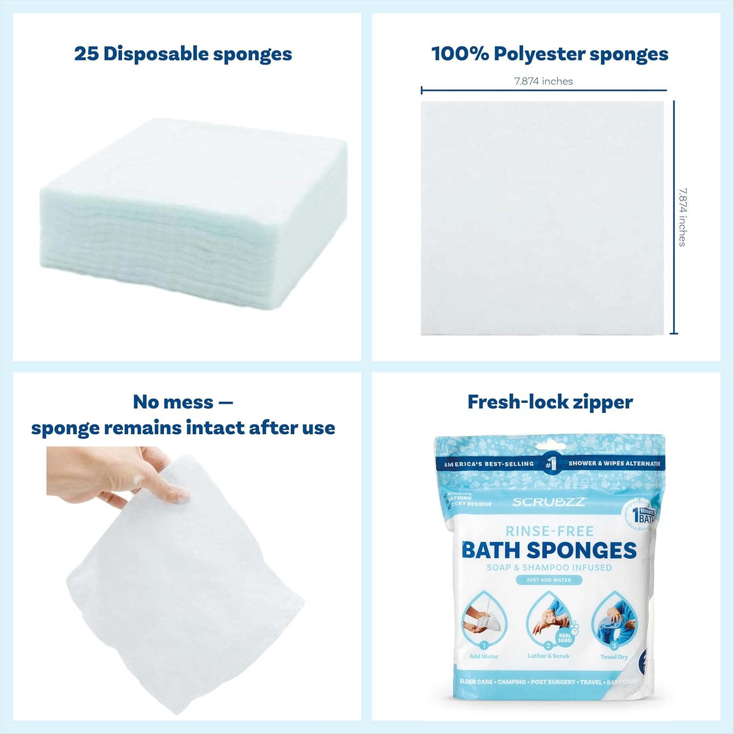 Scrubzz Disposable No Rinse Bathing Wipes - 25 Pack - All-In-1 Single Use Shower Wipes Simply Dampen Lather and Dry without Shampoo or Rinsing image number 4