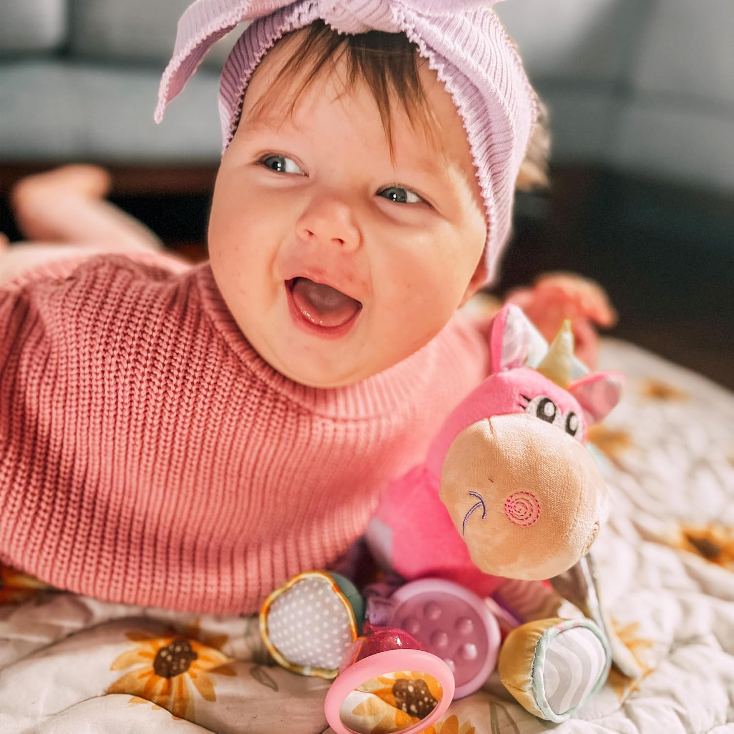 Playgro Pink Unicorn Soft Baby Toys 3-6-12 Months Developmental, 3+ Months Rattles Teething Toys for Babies, Newborn & Infant Sensory Non-Toxic Plush Baby Rattle for Boy Girl Clip Clop Activity Gift image number 6