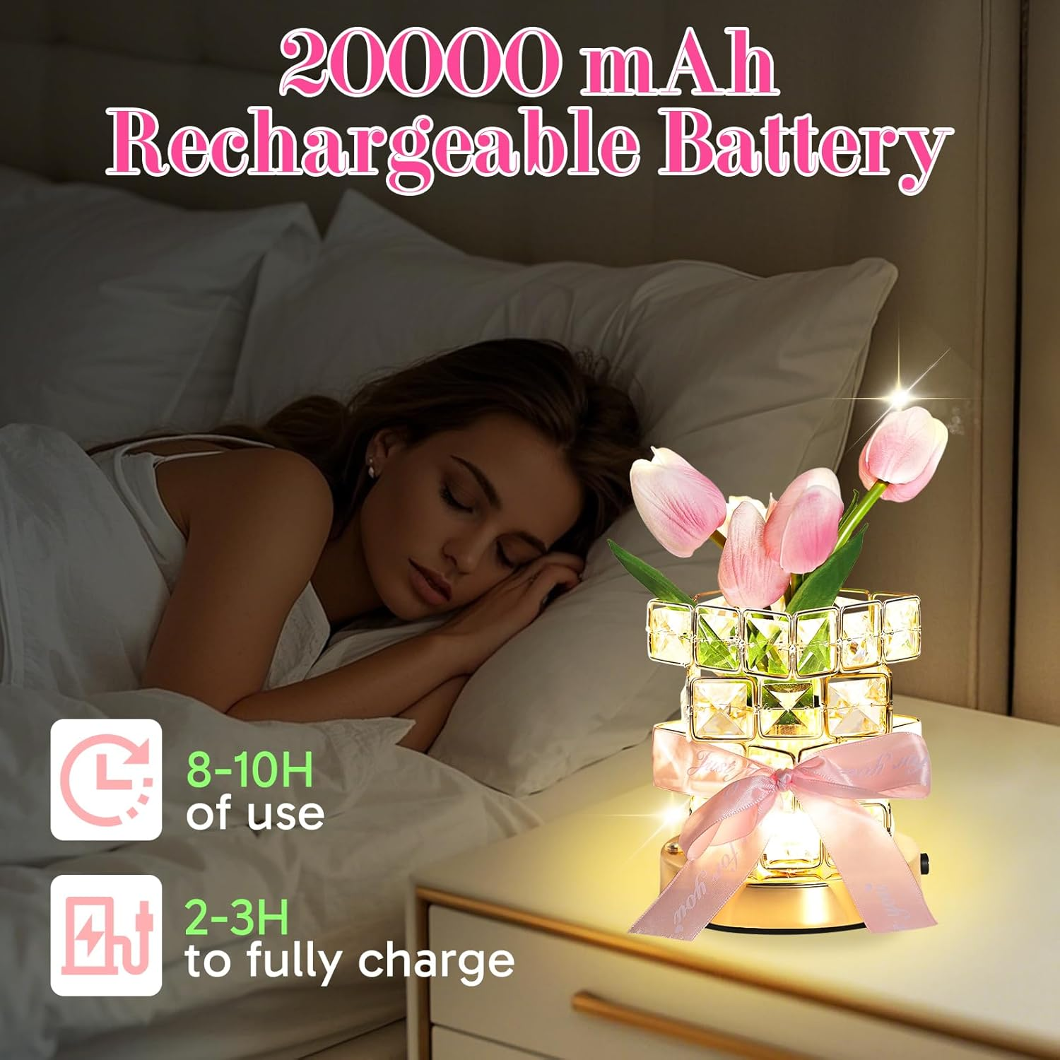 Tulips Flower Lamp,3 Colors Dimmable Crystal Pink Tulip Night Light,Rechargeable Cordless Flowers Table Lamp,Living Room Bedroom Mood Lighting Home Decoration Birthday Gifts for Women Mom (Tulip) image number 5