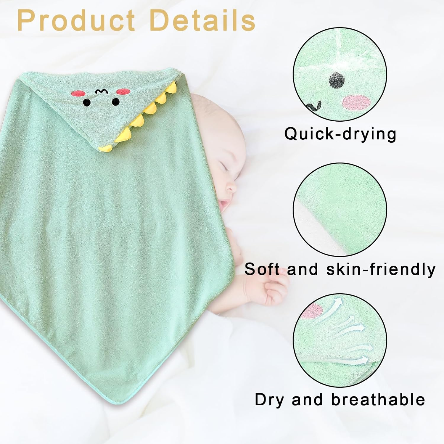 Hooded Towel 80X80Cm Coral Fleece Baby Bath Towel Cartoon Animal Pattern Baby Towel Soft and Absorbent Suitable for Men and Women Bath Supplies Newborn Essentials (Green Dinosaur) image number 1