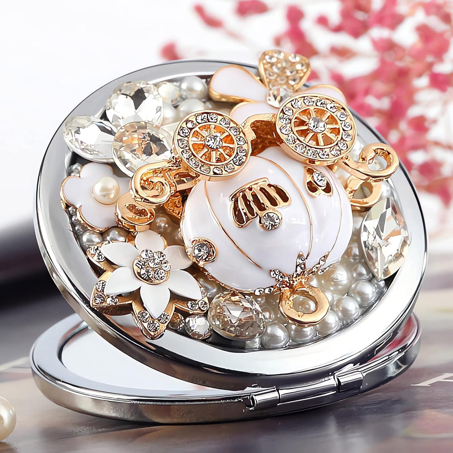 Amanman Cute Compact Mirror Pumpkin Coach Small Mirror Girl'S Gift Travel Mirror 1X/2X Magnification Travel Makeup Mirror (Pumpkin Coach) - Gold Bag image number 7