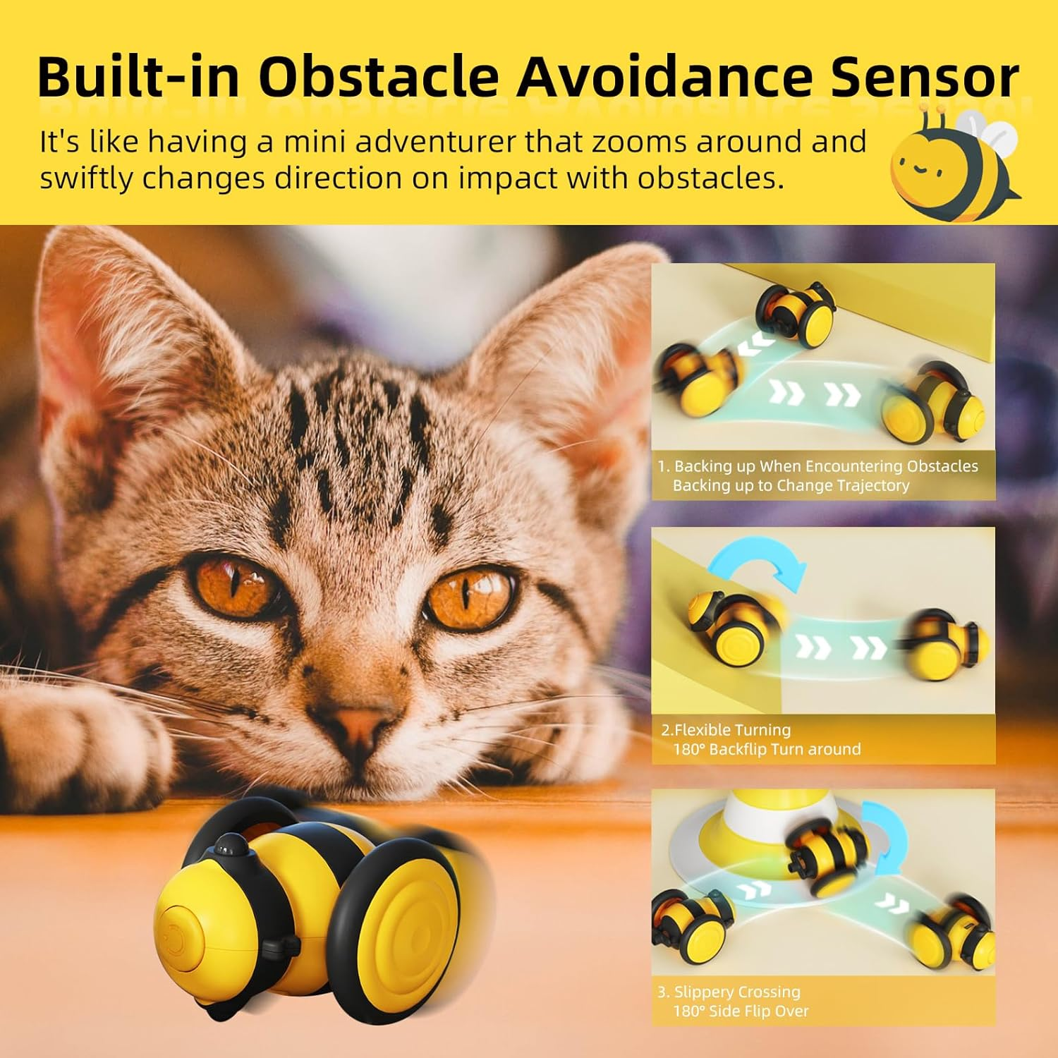 PAWCHIE Interactive Cat Toy Bee - USB Rechargeable with Feather, Intelligent Obstacle Avoidance, 360&deg; Automatic Movement, LED Light for Indoor Cats image number 1