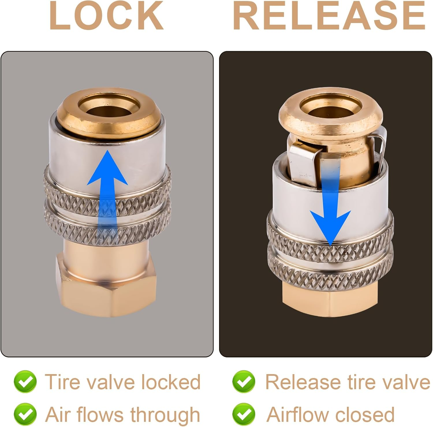 NQEUEPN 2Pcs Lock on Air Chuck, 1/4 FNPT Locking Tire Inflator Chuck anti Leakage Tire Air Chuck Heavy Duty Closed Flow Brass Tire Chuck Tire Inflator Connector for Air Compressor image number 1