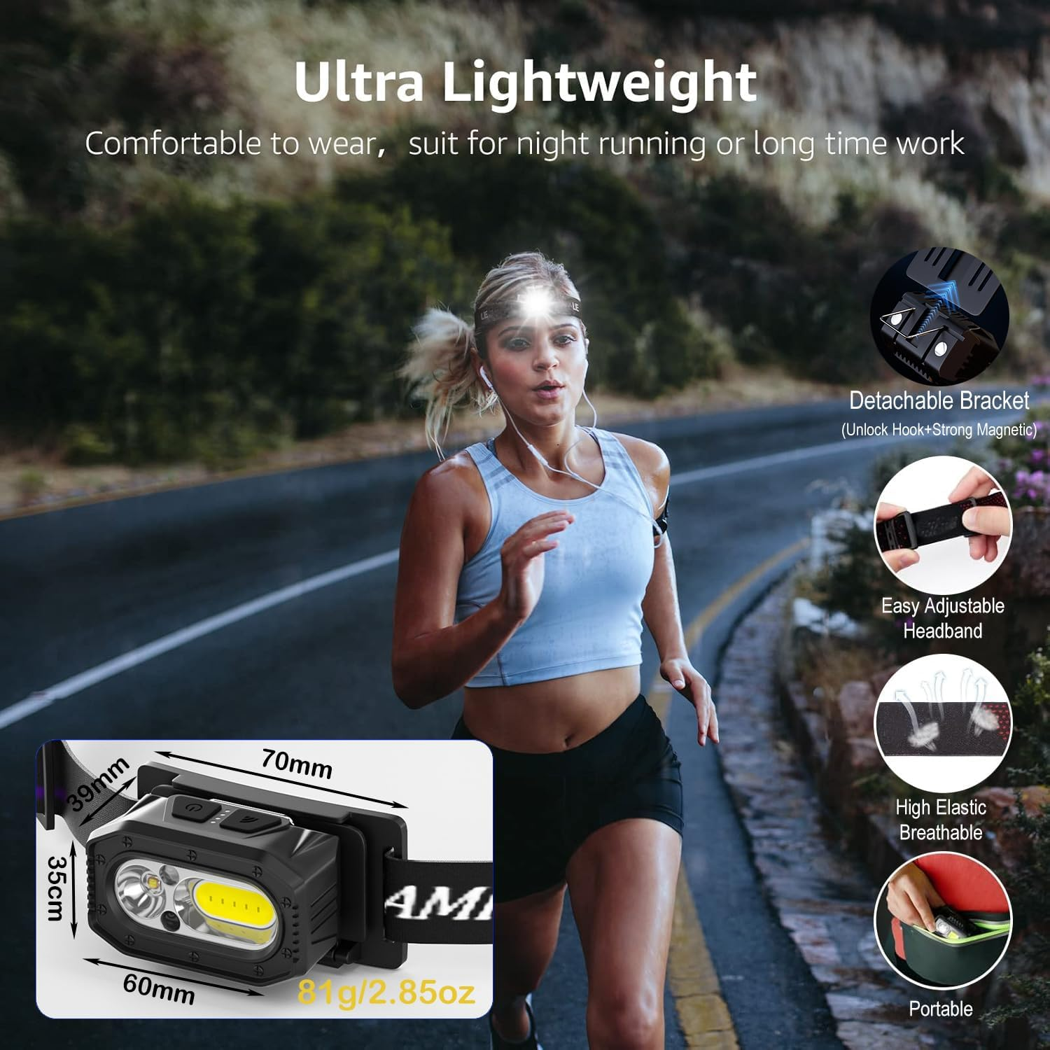 Lomon Rechargeable LED Headlamp &ndash; Super Bright 10 Modes Headlight with Motion Sensor, Red/White Light, IPX6 Waterproof, Magnetic Base & Hook &ndash; Lightweight Hands-Free for Camping, Hiking, Running image number 5