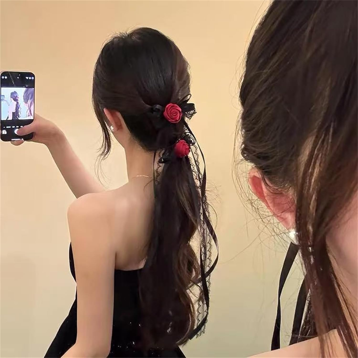 LERTREE 2Pcs Gothic Rose Hair Clips with Long Ribbon Tail, Black Lace Floral Bowknot Hair Barrettes for Halloween Cosplay Bridal Wedding image number 2