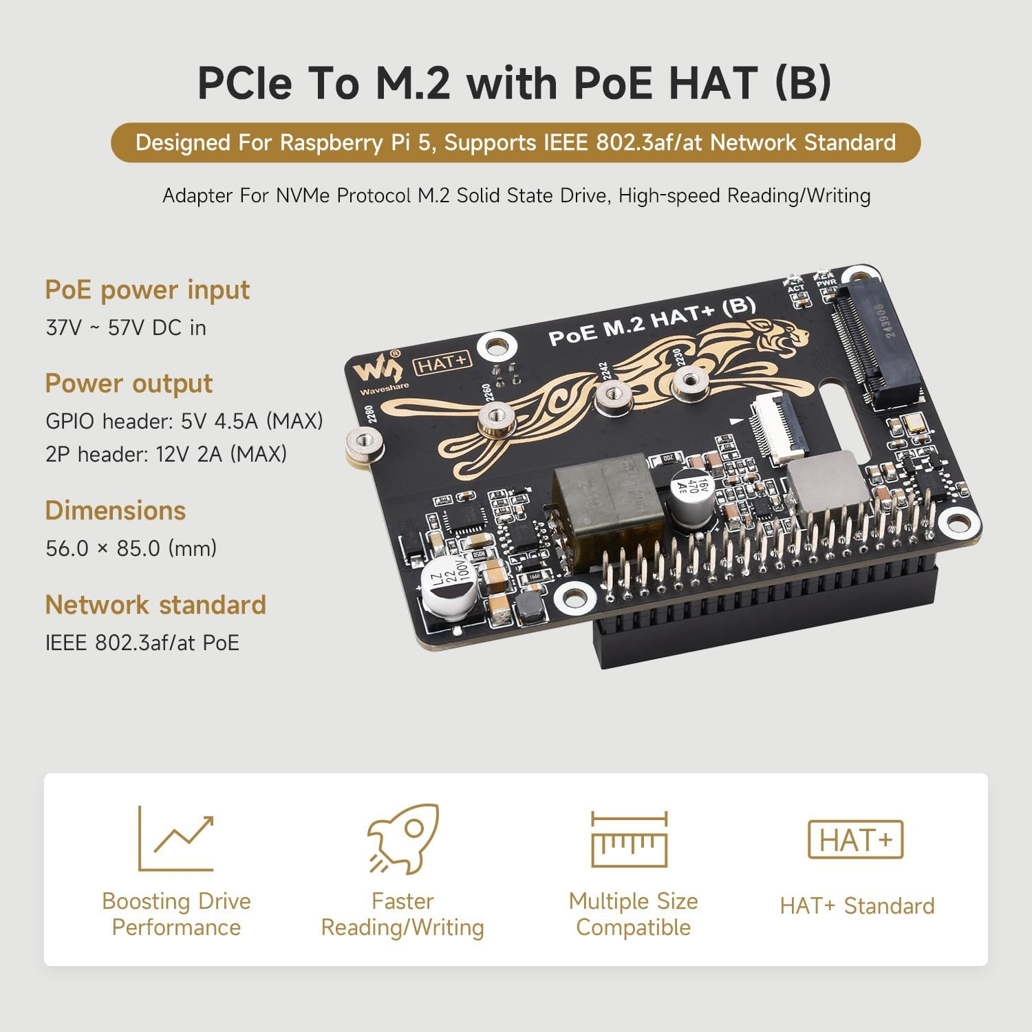 Waveshare Pcie to M.2 Adapter with Poe NVME Function (B), Compatible with Raspberry Pi 5, Supports 2230/2242 / 2260/2280 POE Nvme Protocol M.2 Solid State Drive, High-Speed Reading/Writing image number 6