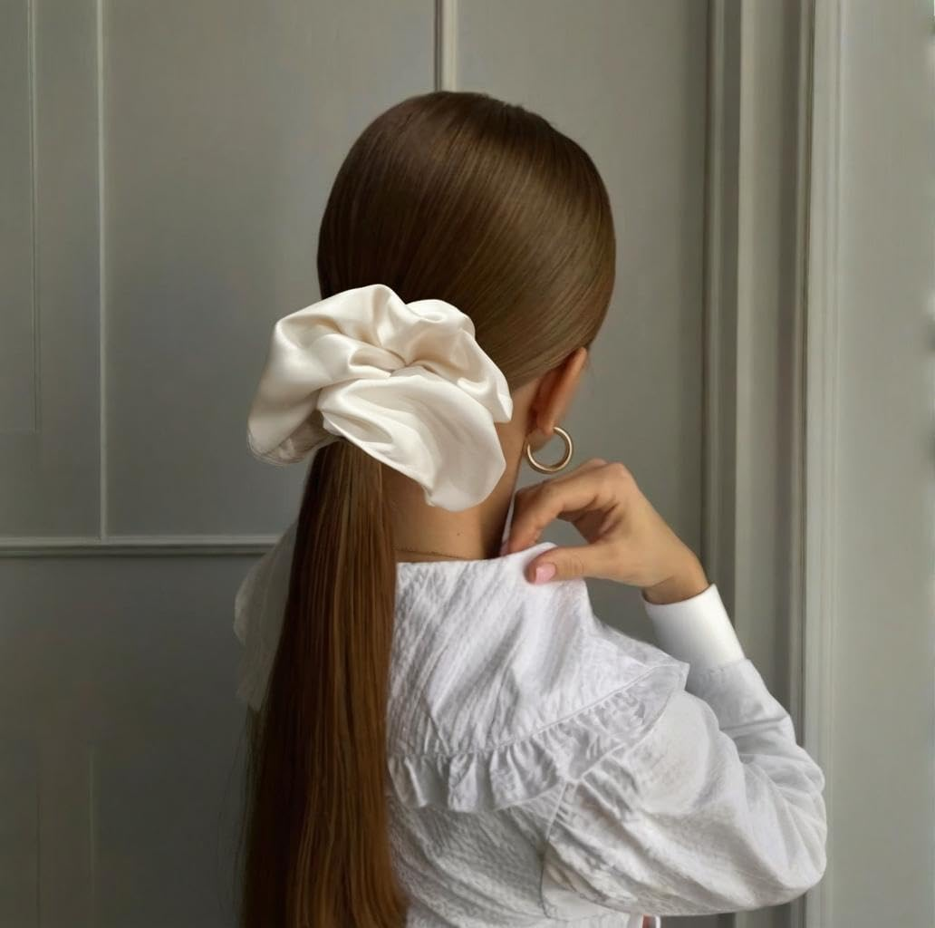 2 Pieces Jumbo Satin Silk Scrunchies for Women 7.5 Inches Large Oversize Scrunchies for Thick Hair Ties Hair Ornament (Black and Beige) - 2 Black image number 2