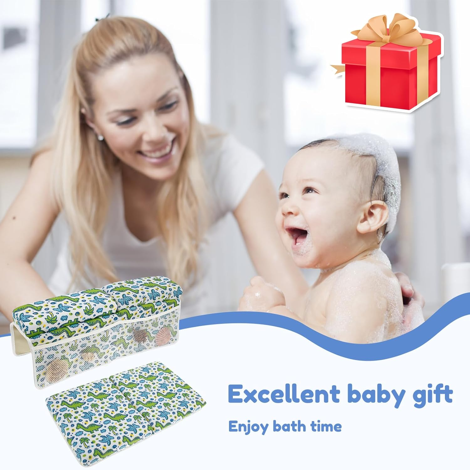 Bath Kneeler and Elbow Rest Pad Set, Nonslip Baby Bathtub Kneeling Pad with 4 Side Pockets, Quick Dry Kneeling Pad, Painless Baby Bathtub Kneeler Mat Comfortable for Baby Bathing image number 6