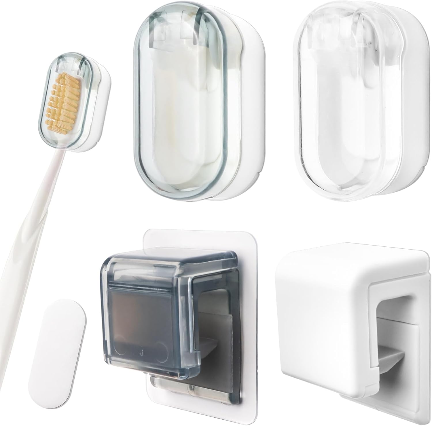 4 Pack Toothbrush Holders with Cover, Portable Travel Toothbrush Head Caps, Wall Mounted Tooth Brush Case, Toothbrush Storage Organizer for Shower (White, Gray) image number 3