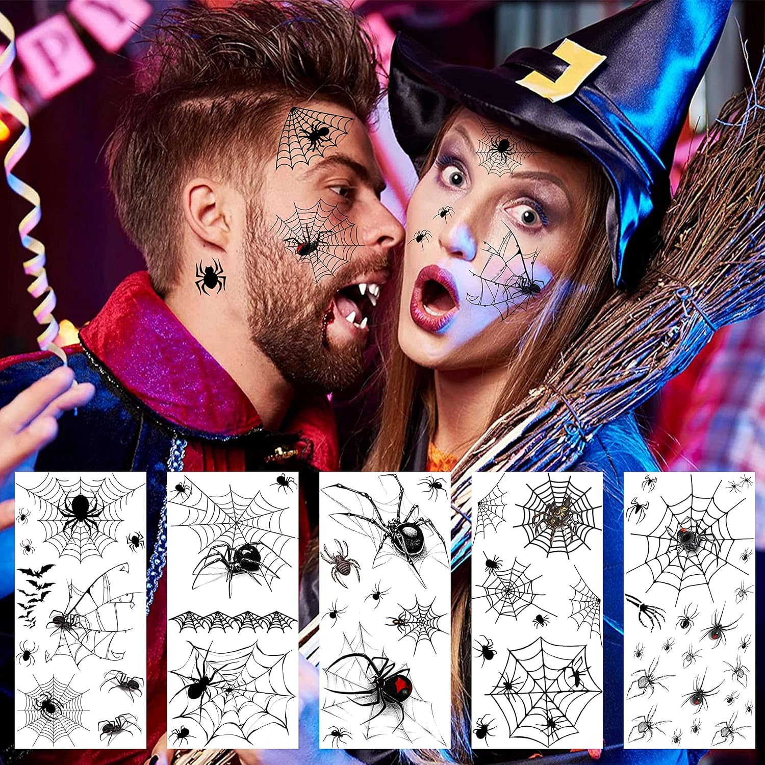 COKTAK 8 Sheets Large 3D Spider Web Temporary Tattoos Halloween Makeup Kit for Women Adults Realistic Witch Bat Zombie Fake Face Tattoos Sticker for Kids Men Adults Scary Halloween Decals Spiderweb image number 4