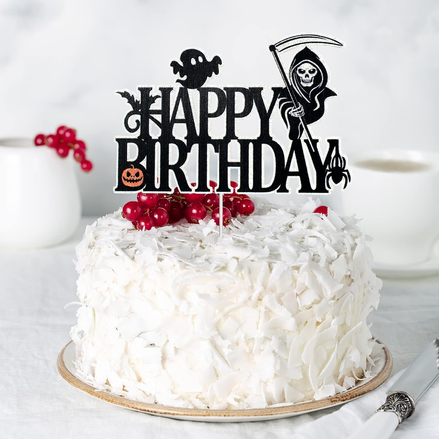 Halloween Happy Birthday Cake Topper - Spooky Pumpkin Death Black Glitter Cake Topper - Adult Kids Horror Birthday Party - Happy Halloween Party Decoration image number 2