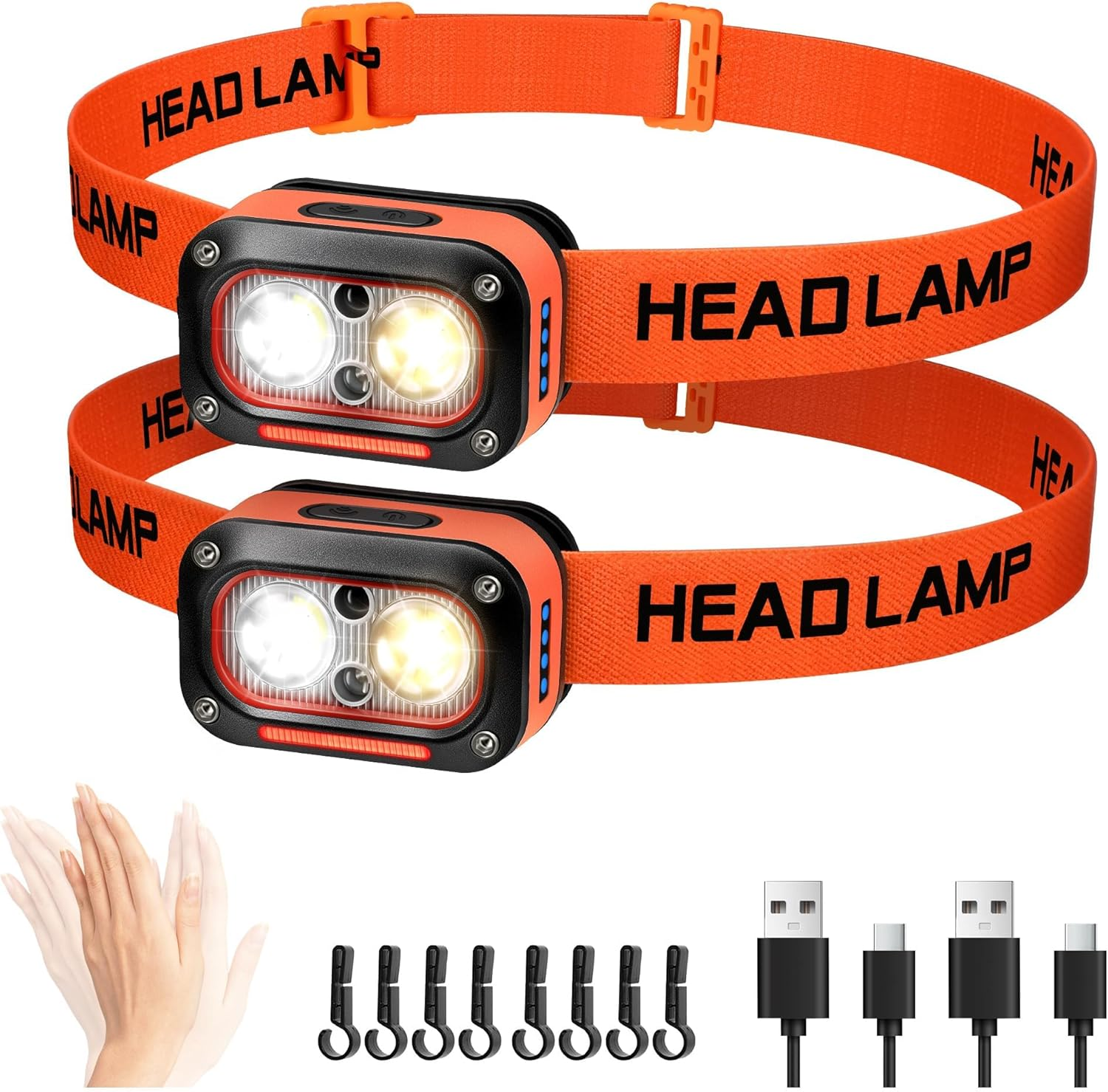 LED Headlamp, 2 Pack High Lumens USB Rechargeable Dual Light Headlight for Hardhat with Motion Sensor, Red Warning Light Up/Down Adjustable, Waterproof Head Lamps for Camping, Car Maintenance image number 2